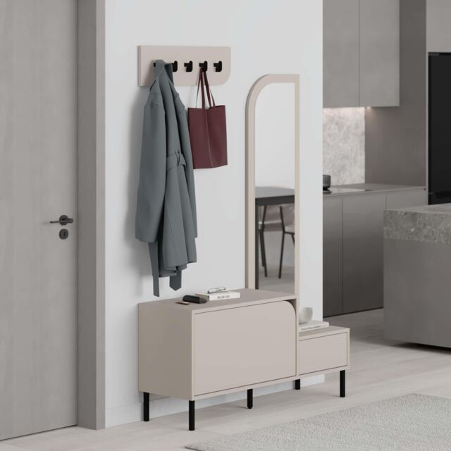 Decortie 'Mila' Coat Stand Set Full-Length Mirror Shoe Cabinet 5 Hooks in Beige - Size: 3 Pack - image 1