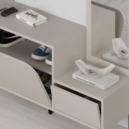 Decortie 'Mila' Coat Stand Set Full-Length Mirror Shoe Cabinet 5 Hooks in Beige - Size: 3 Pack - thumbnail 4