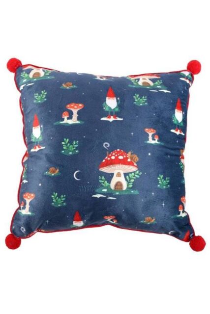 KDMD 35cm Square Gnome Print Cushion with Pom Poms in Blue - image 1