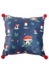KDMD 35cm Square Gnome Print Cushion with Pom Poms in Blue - thumbnail 1