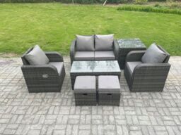 Fimous 6 Seater Rattan Lounge Sofa Set Outdoor Garden Furniture Set with Rectangular Coffee Table Love Sofa Side Table in Dark Grey - thumbnail 1