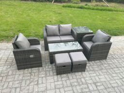 Fimous 6 Seater Rattan Lounge Sofa Set Outdoor Garden Furniture Set with Rectangular Coffee Table Love Sofa Side Table in Dark Grey - thumbnail 2