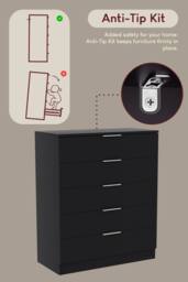 HD Designs Trega 5 Drawer Chest of Drawers Space Saving Bedroom in Black - thumbnail 6