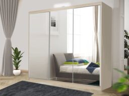 RAC3 Sliding Mirror Wardrobe with LED, Drawers - Modern Bedroom Storage 250cm in Light Oak - thumbnail 1