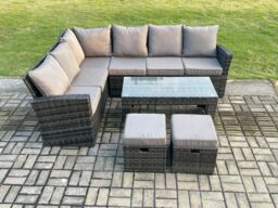 Fimous 8 Seat Rattan Garden Furniture Corner Sofa Set Outdoor Patio Sofa Table Set with 2 Small Footstools Dark Grey Mixed - thumbnail 2