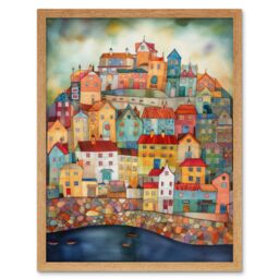 "Artery8 Wall Art Print Home By The Sea Folk Art Framed in Light Oak - Size: W12"" x H16""" - thumbnail 1