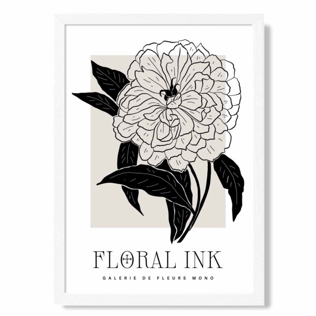 ARTZE Peony Black & Beige Floral Ink Sketch Framed Print SIZE: A4 with White Frame - Size: A3 - image 1