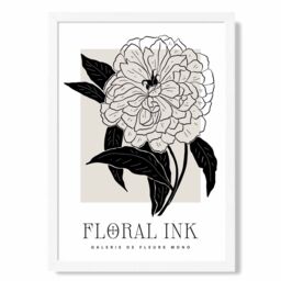 ARTZE Peony Black & Beige Floral Ink Sketch Framed Print SIZE: A4 with White Frame - Size: A3 - thumbnail 1