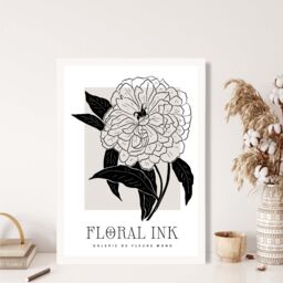 ARTZE Peony Black & Beige Floral Ink Sketch Framed Print SIZE: A4 with White Frame - Size: A3 - thumbnail 2