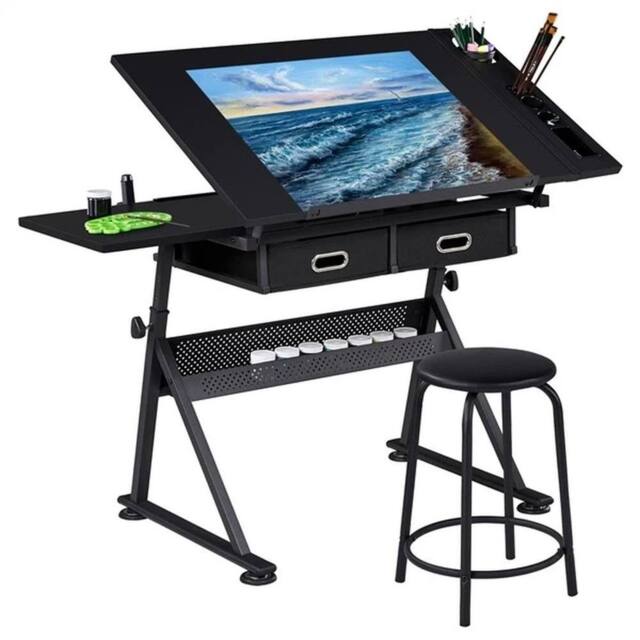 VOGREX Black Adjustable Drafting Table Stool Set Architect Drawing Desk - image 1