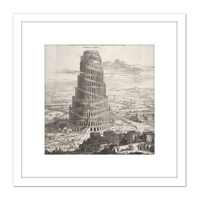 Artery8 Kircher Tower Babel Biblical Myth Engraving 8X8 Inch Square Wooden Framed Wall Art Print Picture with Mount in White - image 1
