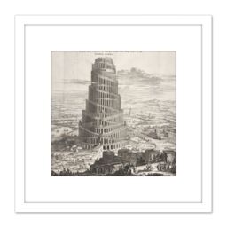 Artery8 Kircher Tower Babel Biblical Myth Engraving 8X8 Inch Square Wooden Framed Wall Art Print Picture with Mount in White - thumbnail 1