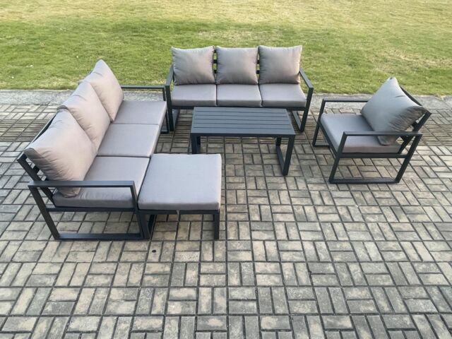 Fimous Aluminium 8 Seater Garden Furniture Outdoor Patio Sofa Set with Rectangular Coffee Table Armchair Big Footstool Dark Grey - image 1