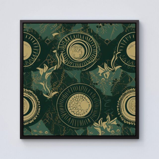 Warren Reed - Designer Abstract Green Gold Moon Pattern Framed Canvas in Black - Size: w10 inch x h10 inch - image 1