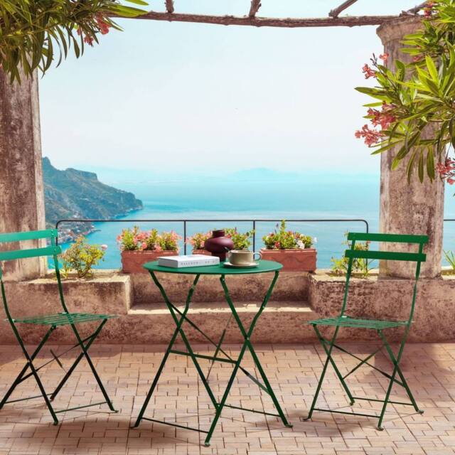 Wyld and Coco Dark Green 3 Piece Folding Bistro Set Steel Slatted Back Space - image 1