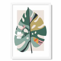 ARTZE Monstera Leaf Green & Red Minamilist Framed Print SIZE: A3 with White Frame - Size: A4