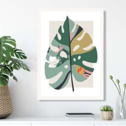 ARTZE Monstera Leaf Green & Red Minamilist Framed Print SIZE: A3 with White Frame - Size: A4 - thumbnail 2
