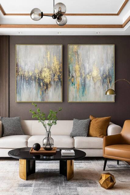Mafett Set of 2 Grey Gold Blue Abstract Wall Art Canvas 4cm Thick - Size: A2 - image 1