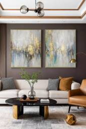 Mafett Set of 2 Grey Gold Blue Abstract Wall Art Canvas 4cm Thick - Size: A2 - thumbnail 1