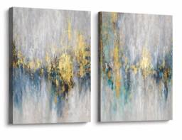 Mafett Set of 2 Grey Gold Blue Abstract Wall Art Canvas 4cm Thick - Size: A2 - thumbnail 2