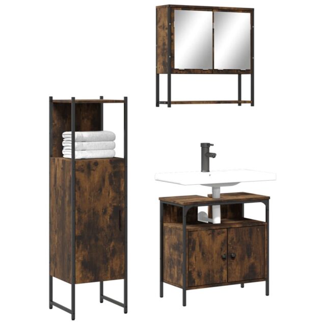 Berkfield Home 3 Piece Bathroom Furniture Set Smoked Oak Engineered Wood in Brown - image 1