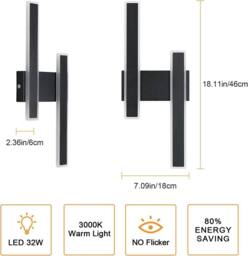 Goeco LED Indoor Wall Lights, 32W, Modern Nordic Style Long Wall Light 3000K in Black - thumbnail 6