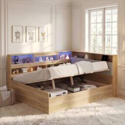 BTM 4FT6 Wooden Daybed Hydraulic LED USB Storage Natural - Size: Double - thumbnail 4