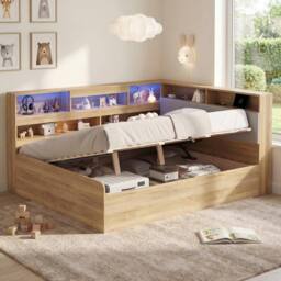 BTM 4FT6 Wooden Daybed Hydraulic LED USB Storage Natural - Size: Double - thumbnail 2