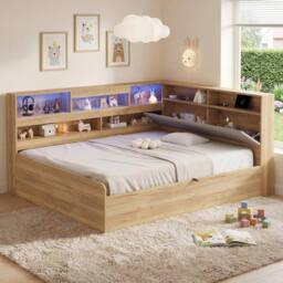 BTM 4FT6 Wooden Daybed Hydraulic LED USB Storage Natural - Size: Double - thumbnail 3