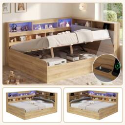 BTM 4FT6 Wooden Daybed Hydraulic LED USB Storage Natural - Size: Double - thumbnail 1
