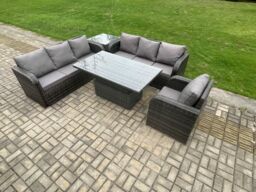 Fimous Outdoor Rattan Garden Furniture Sets Height Adjustable Rising lifting Dining Table Sofa Set with Reclining Chair Side Table in Dark Grey - thumbnail 2