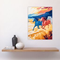 "Artery8 Wild Horses Running Desert Landscape Oil Painting Wall Art Print in Orange - Size: W18"" x H24""" - thumbnail 4