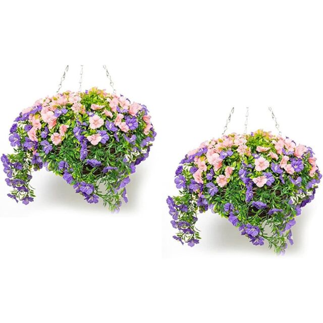 Primrose Pair of Large Artificial Petunia Flowers Rattan Hanging Basket Decoration Purple & Pink 30cm in Green - image 1