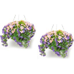 Primrose Pair of Large Artificial Petunia Flowers Rattan Hanging Basket Decoration Purple & Pink 30cm in Green - thumbnail 1