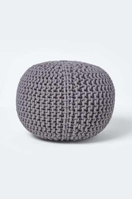 Homescapes Round Cotton Knitted Pouffe Footstool in Dark Grey - image 1