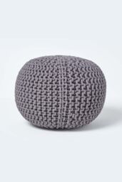 Homescapes Round Cotton Knitted Pouffe Footstool in Dark Grey - thumbnail 1
