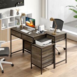 Costway Computer Desk Home Office Desk w/ Side File Cabinet & 5 Drawers in Grey - thumbnail 6