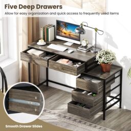 Costway Computer Desk Home Office Desk w/ Side File Cabinet & 5 Drawers in Grey - thumbnail 8