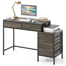 Costway Computer Desk Home Office Desk w/ Side File Cabinet & 5 Drawers in Grey - thumbnail 1