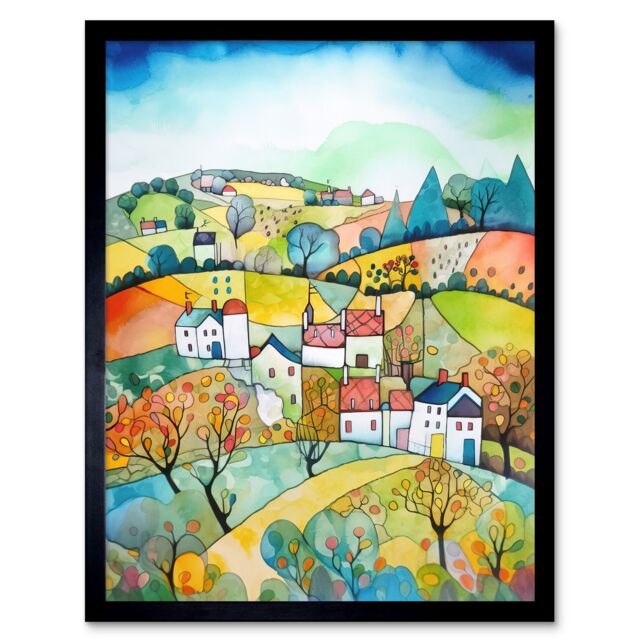 "Artery8 Wall Art Print English Country Rural Landscape Folk Art Watercolour Painting Art Framed in Black - Size: W12"" x H16""" - image 1
