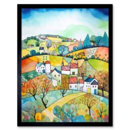 "Artery8 Wall Art Print English Country Rural Landscape Folk Art Watercolour Painting Art Framed in Black - Size: W12"" x H16""" - thumbnail 1