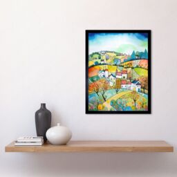 "Artery8 Wall Art Print English Country Rural Landscape Folk Art Watercolour Painting Art Framed in Black - Size: W12"" x H16""" - thumbnail 2