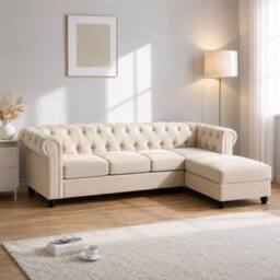Sofaya Hampton 4 Seater L Shape Chesterfield Sofa Velvet Right Hand Chaise in Cream - Size: 4 Person - thumbnail 1