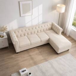 Sofaya Hampton 4 Seater L Shape Chesterfield Sofa Velvet Right Hand Chaise in Cream - Size: 4 Person - thumbnail 2