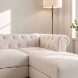 Sofaya Hampton 4 Seater L Shape Chesterfield Sofa Velvet Right Hand Chaise in Cream - Size: 4 Person - thumbnail 4