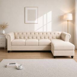 Sofaya Hampton 4 Seater L Shape Chesterfield Sofa Velvet Right Hand Chaise in Cream - Size: 4 Person - thumbnail 3