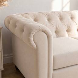 Sofaya Hampton 4 Seater L Shape Chesterfield Sofa Velvet Right Hand Chaise in Cream - Size: 4 Person - thumbnail 6