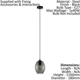 Loops Pendant Ceiling Light Black Shade Black Transparent Smoked Glass E27 1x40W - thumbnail 2