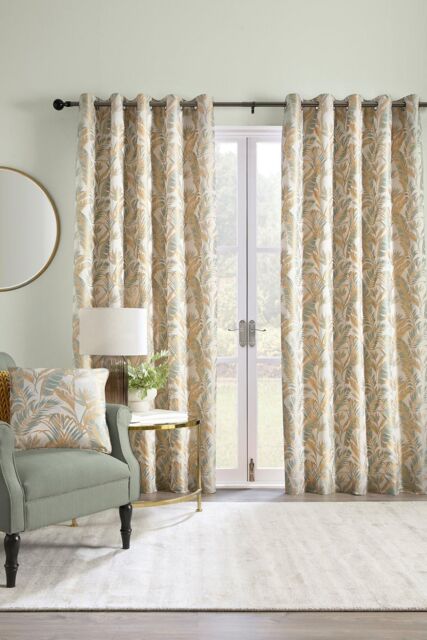 Laurence Llewelyn-Bowen 'Paradise Palm' Jacquard Palm Leaf Pair of Eyelet Curtains in Duck Egg Blue - Size: 117 cm width x 137 cm drop - image 1