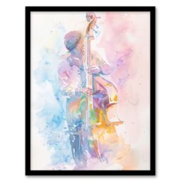 "Artery8 Double Bassist Jazz Musician Light Watercolour Framed Art Print - Size: W12"" x H16""" - thumbnail 1